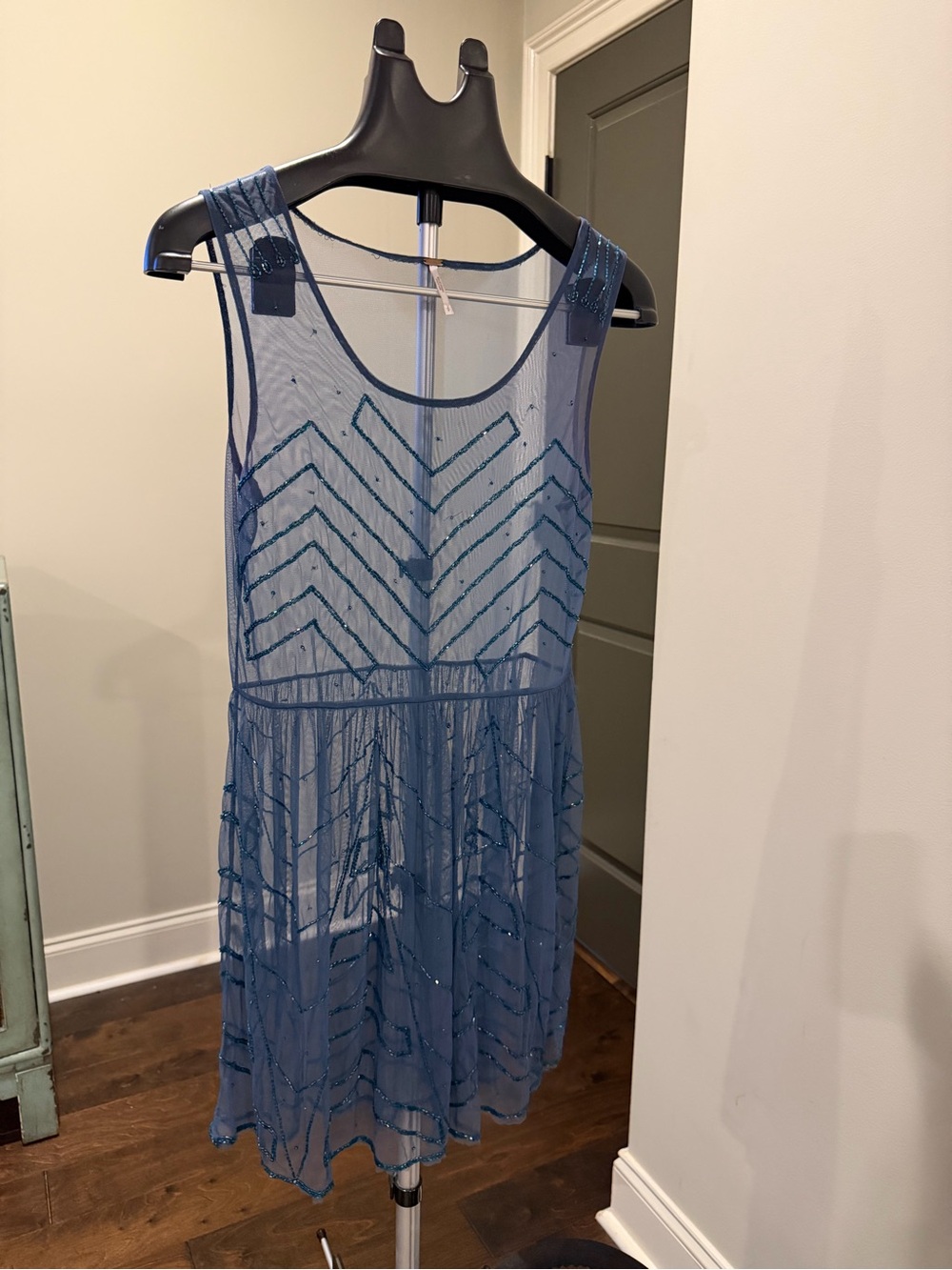 Free People Blue Sheer Beaded Embroidered Mini Dress XS - Picture 12 of 17